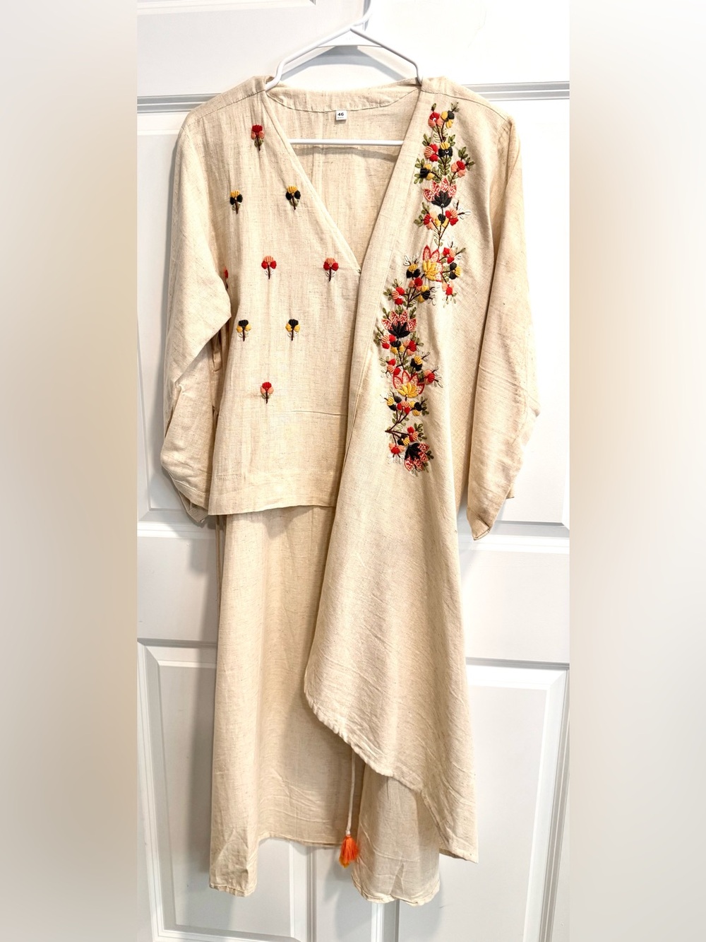 Off White Embroidered Cross Wrap Kurta